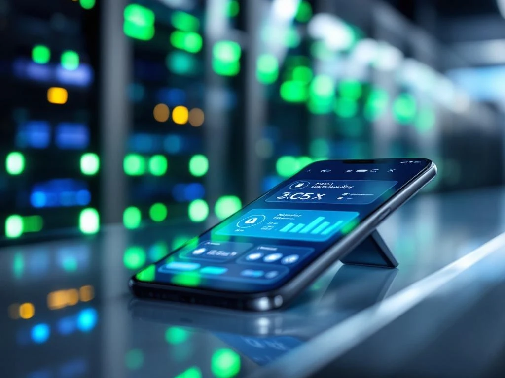 Moderne smartphone met 3CX interface op glazen bureau, toont oproepkwaliteit en beveiligingsindicatoren, serverracks op achtergrond