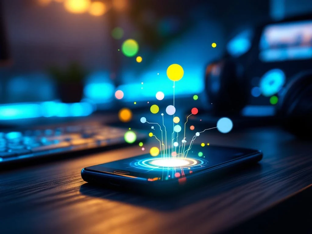 Smartphone met kleurrijke status-indicatoren op donker houten bureau naast headset en toetsenbord met blauw LED-licht