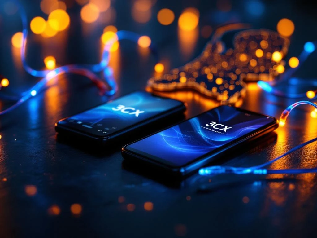 Drie moderne smartphones met 3CX interface in driehoeksopstelling op donkere ondergrond met glasvezelkabels en Nederland kaart