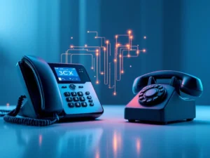 Moderne 3CX digitale telefoon verbonden met klassieke draaitelefoon via glasvezelkabels met LED-indicatoren
