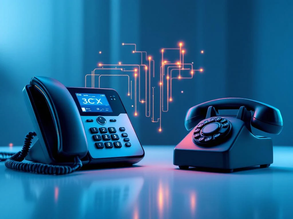 Moderne 3CX digitale telefoon verbonden met klassieke draaitelefoon via glasvezelkabels met LED-indicatoren