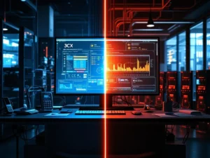 3CX telefoonsysteem interface op monitors naast netwerkapparatuur met waarschuwingsindicatoren en overbelaste servers