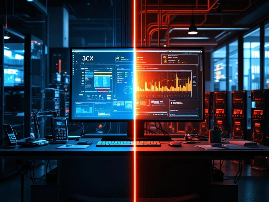 3CX telefoonsysteem interface op monitors naast netwerkapparatuur met waarschuwingsindicatoren en overbelaste servers