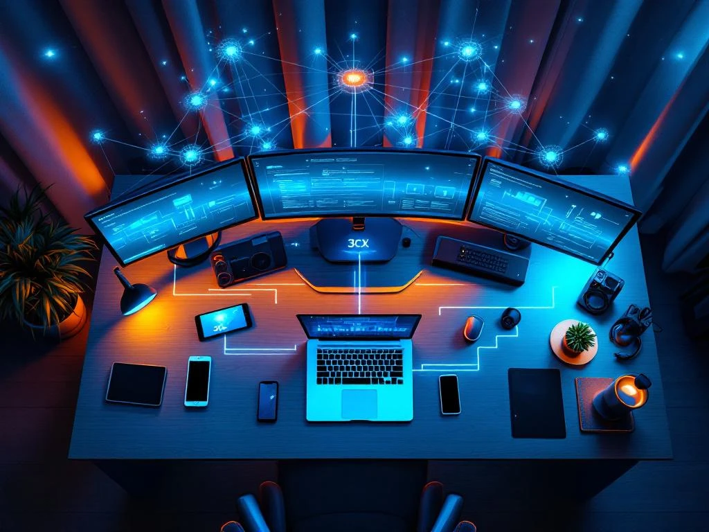 Moderne thuiswerkplek met laptop, meerdere schermen met 3CX-interface, draadloze headsets en verbindingslijnen