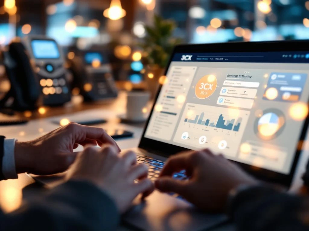 Handen typen op laptop met 3CX interface, omringd door smartphones en VoIP telefoons in professionele kantooromgeving