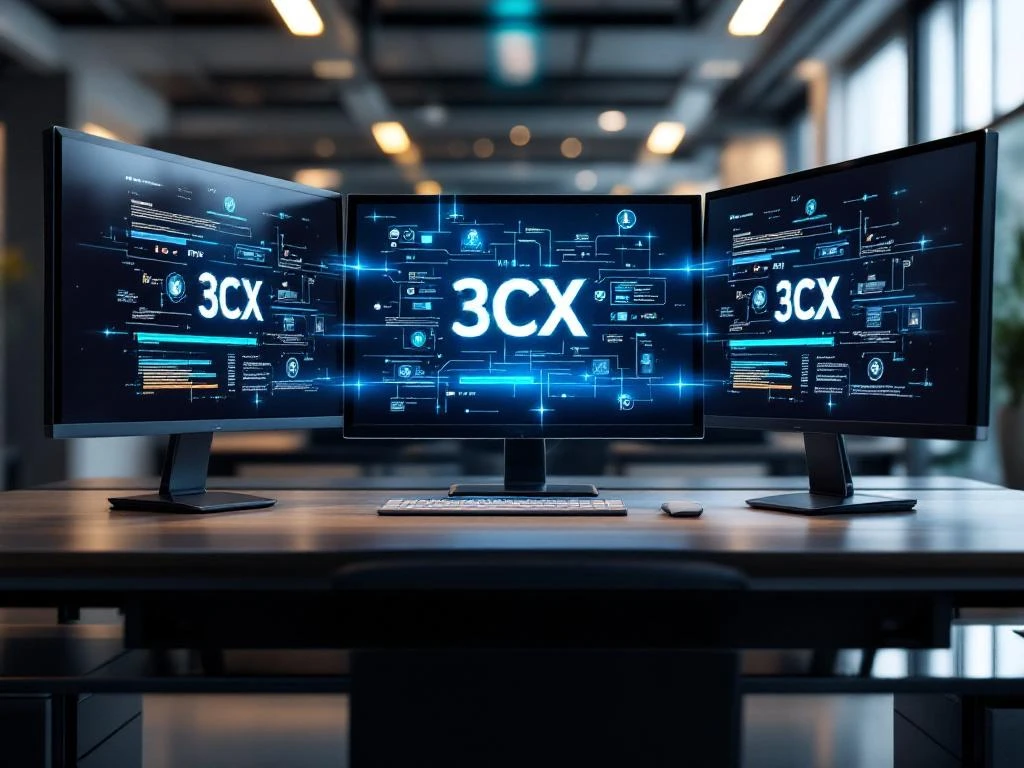 Drie moderne kantoorwerkplekken met VoIP-telefoons en holografische 3CX-interface-elementen in professionele omgeving