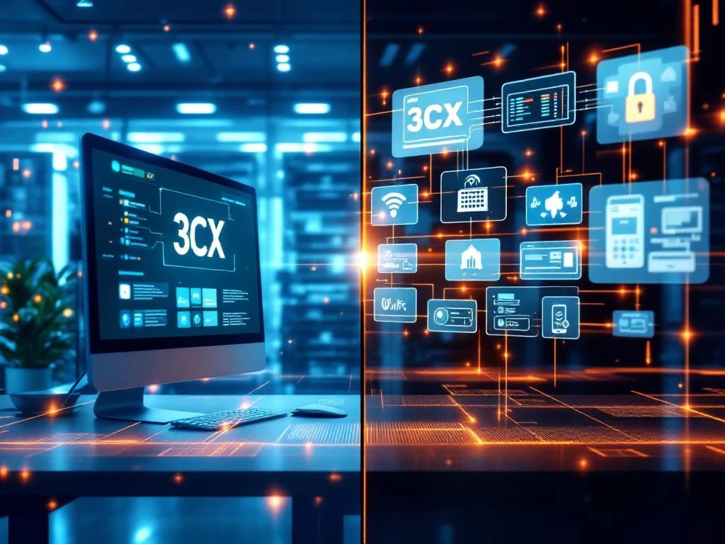 Moderne kantooromgeving met 3CX-interface links en alternatieve VoIP-systemen rechts, verbonden door glasvezelkabels
