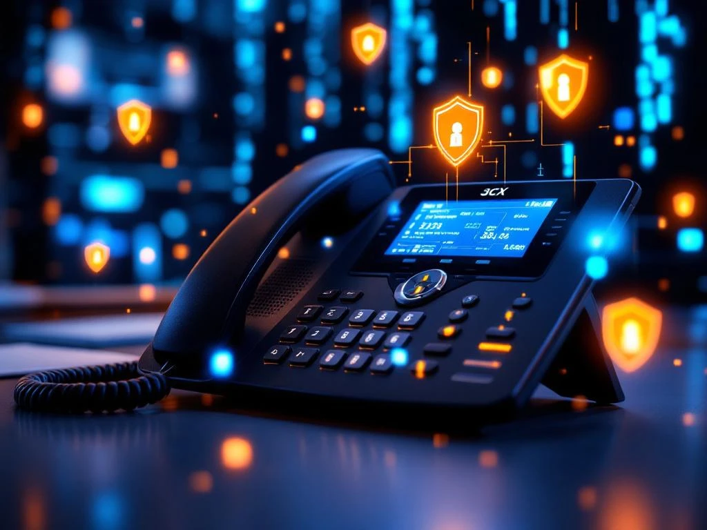 Zwarte 3CX VoIP telefoon op bureau omringd door digitale beveiligingsschermen en cybersecurity elementen