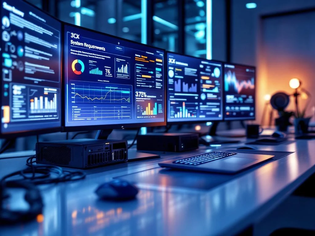 Moderne werkstation met laptop die 3CX-interface toont, omringd door servercomponenten en netwerkbekabeling in blauw licht
