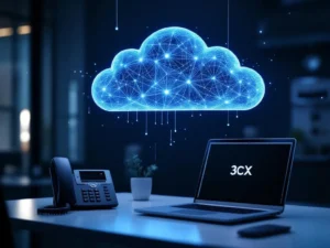 Metalen cloud-serverstructuur boven bureau met IP-telefoon en laptop met netwerkverbindingen, 3CX cloud-telefonie