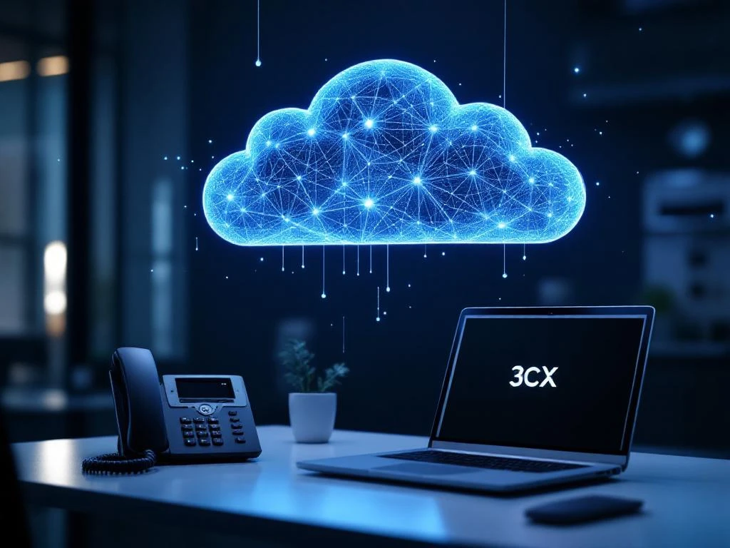 Metalen cloud-serverstructuur boven bureau met IP-telefoon en laptop met netwerkverbindingen, 3CX cloud-telefonie