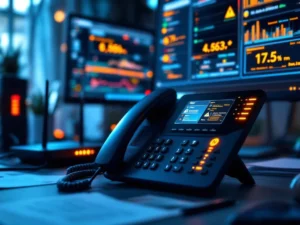 IP-telefoon met foutmeldingen op kantoorbureau met netwerkdiagnostiek op monitor en netwerkapparatuur