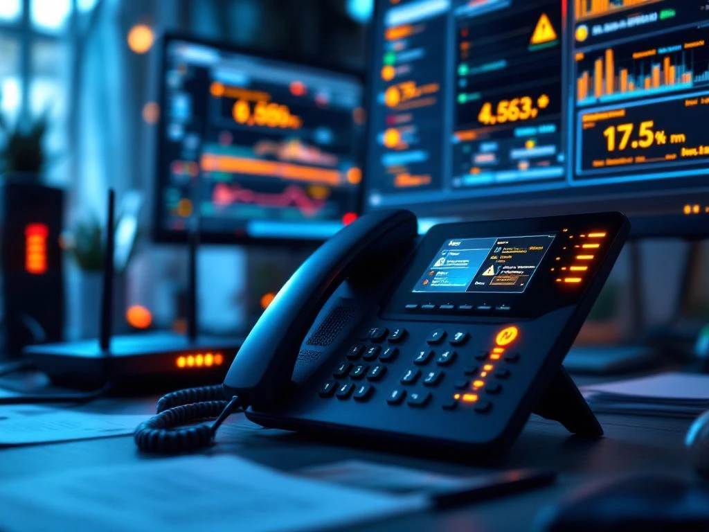 IP-telefoon met foutmeldingen op kantoorbureau met netwerkdiagnostiek op monitor en netwerkapparatuur