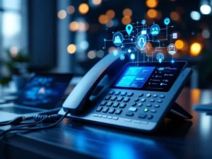 Moderne IP-telefoon op zakelijk bureau met laptop, netwerkkabels en holografische communicatie-iconen in blauw-zilver