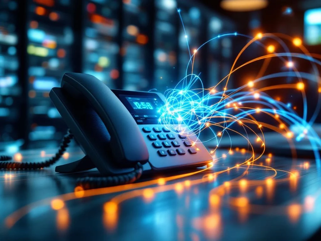 Moderne kantoor IP-telefoon met gloeiende glasvezelkabels die oproepverbindingen tonen op professioneel bureau