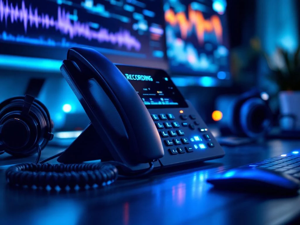 Moderne IP-telefoon met "RECORDING" display en LED-indicatoren op kantoorbureau met headset en monitor op achtergrond