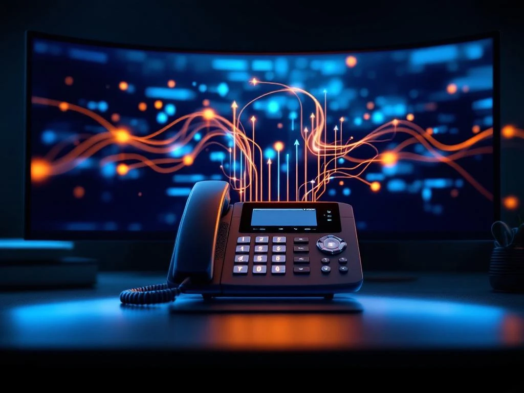 Moderne IP-telefoon met blauwe LED-knoppen op bureau, gebogen monitor toont netwerkverbindingen in oranje en blauw