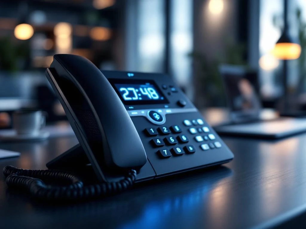 Moderne IP-telefoon met verlichte extensieknoppen op kantoorbureau met laptop op achtergrond