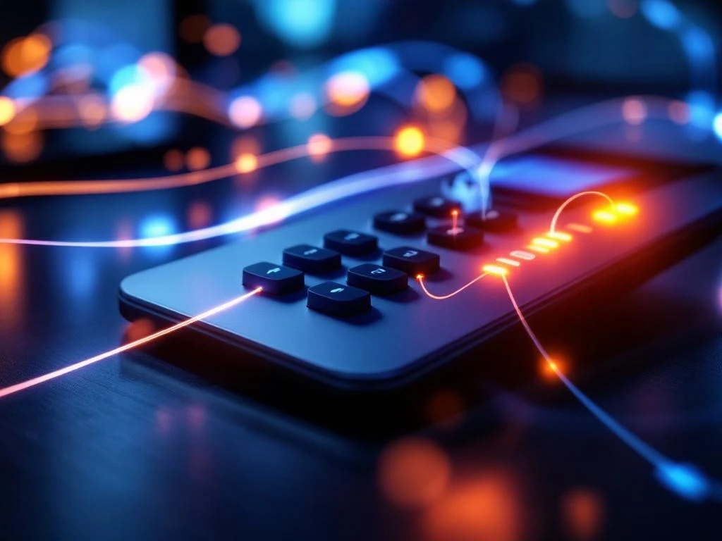 Moderne kantoortelefoon met verlichte doorverbindknoppen en lichtstralen die oproepverbindingen symboliseren