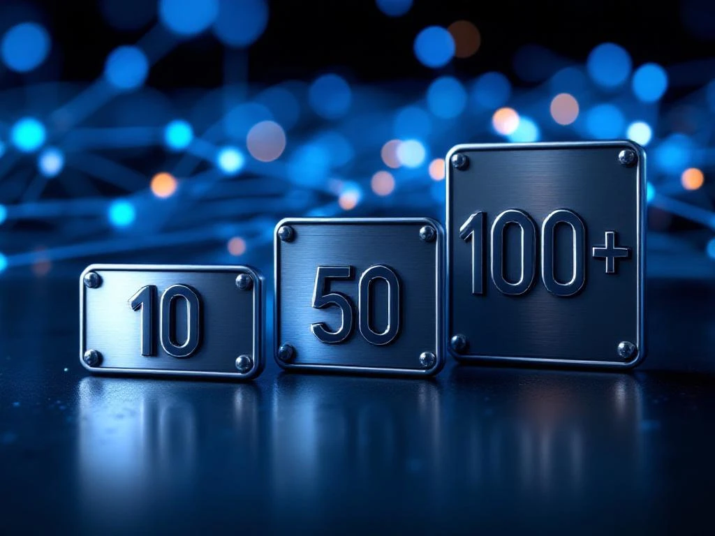 Drie metalen badges met gebruikerscapaciteit (10, 50, 100+) op donkere ondergrond met netwerkverbindingen op achtergrond