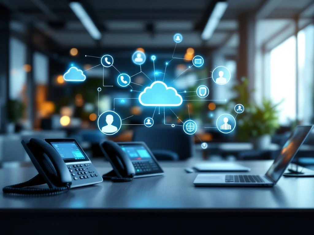 Moderne zakelijke communicatietechnologie met IP-telefoons, tablets en laptops op bureau met holografische cloud-iconen