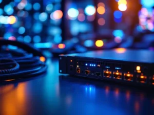 Moderne serverunit met blauwe LED-indicatoren omringd door netwerkapparatuur en ethernetkabels op donkere ondergrond