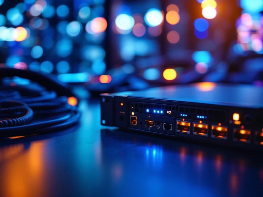 Moderne serverunit met blauwe LED-indicatoren omringd door netwerkapparatuur en ethernetkabels op donkere ondergrond