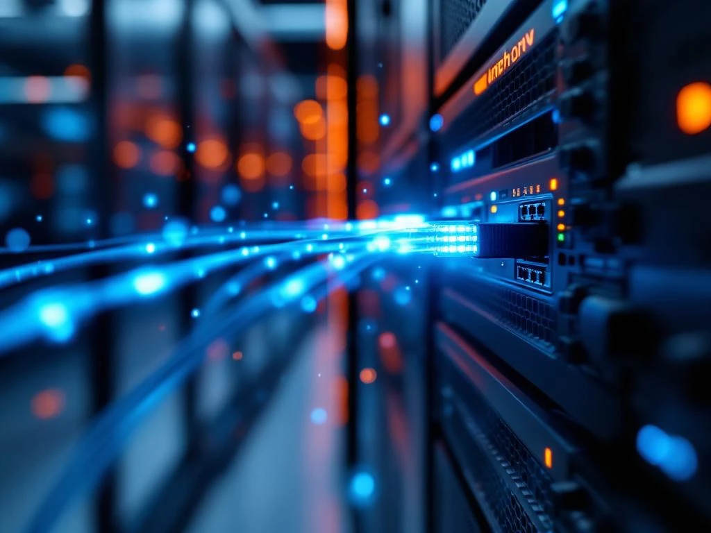 Moderne netwerkservers met blauwe LED-indicatoren en glasvezelkabels voor professionele SIP trunk telecommunicatie-integratie