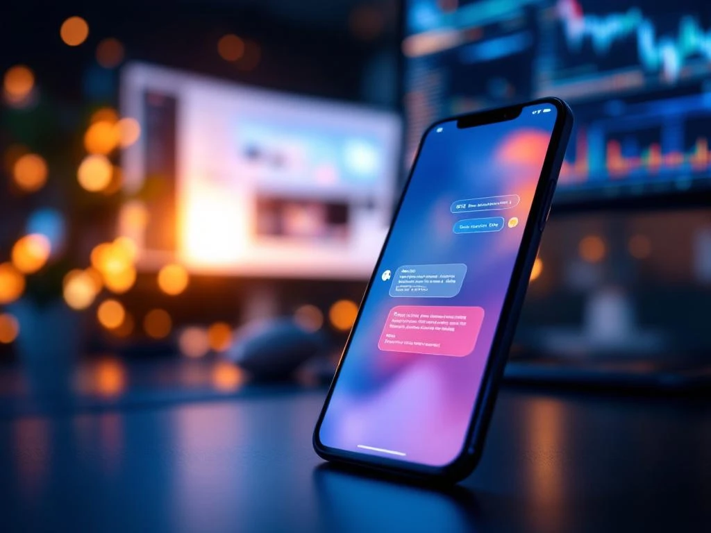 Smartphone met SMS-gesprek op bureau, 3CX communicatie-app zichtbaar op monitor met blauwe en oranje verlichting