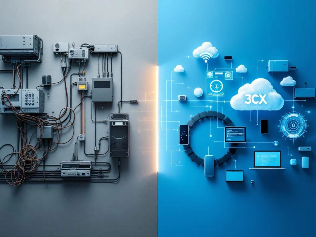Vergelijking tussen verouderd telefoonsysteem met kabels en modern 3CX cloud-systeem met digitale interfaces