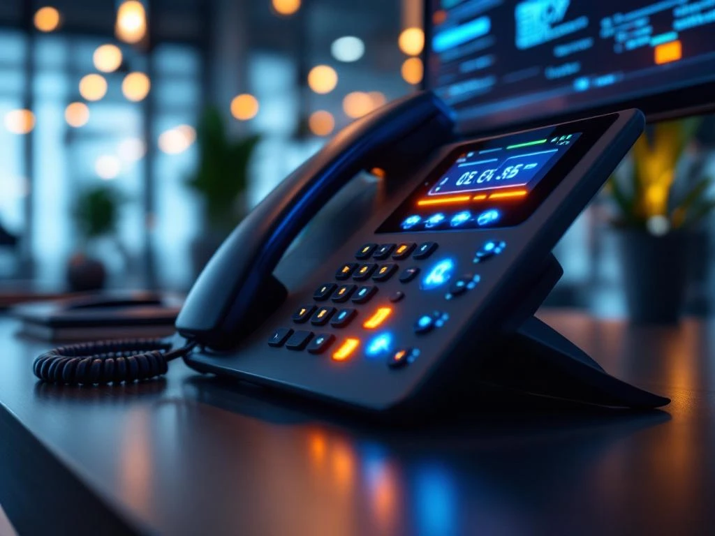 Moderne kantoortelefoon met verlichte wachtrij-indicatoren en 3CX-interface op donker bureau in professionele omgeving