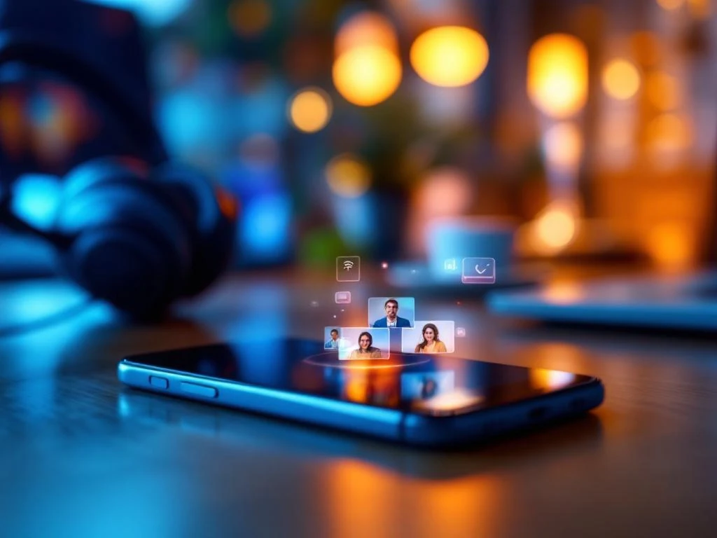 Moderne smartphone met video-oproep interface op houten bureau naast headset en laptop met sfeerverlichting