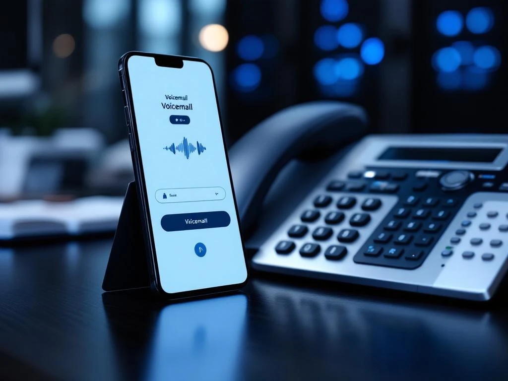 Moderne smartphone met voicemail-interface naast VoIP-telefoon op houten bureau met serverapparatuur op achtergrond