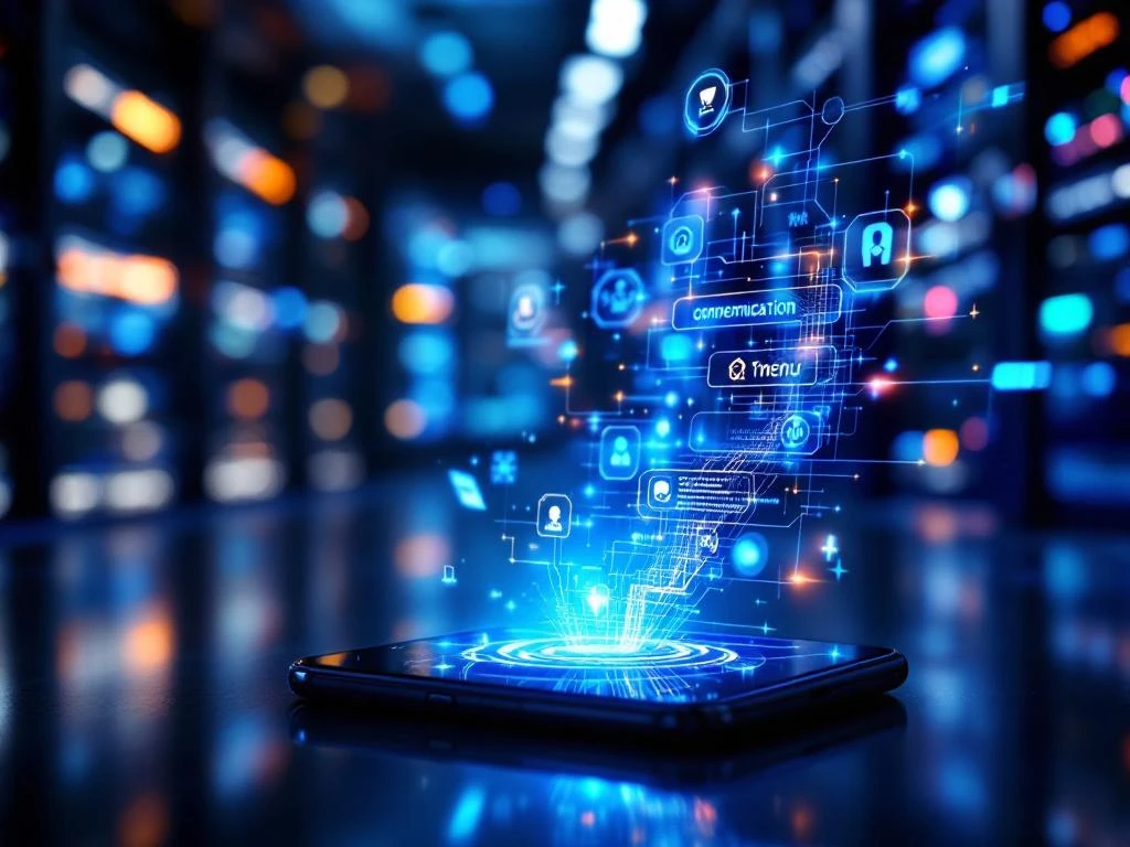 Moderne smartphone met VoIP-interface en holografische communicatie-iconen op donkere ondergrond met serverapparatuur