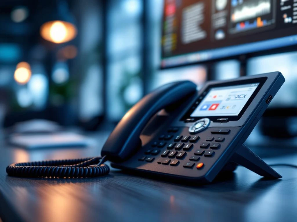 Moderne VoIP bureautelefoon verbonden met 3CX software-interface op computermonitor, ethernet kabels zichtbaar