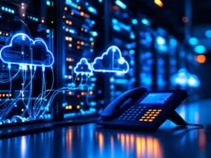 Moderne serverrack met blauwe LED-indicatoren en IP-telefoon op bureau in datacenter met glasvezelkabels