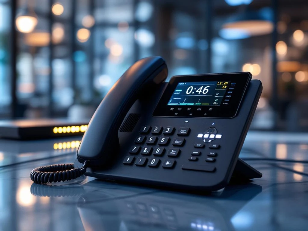 Moderne VoIP-telefoon met verlichte knoppen op kantoorbureau, omringd door netwerkapparatuur in eigentijdse werkruimte