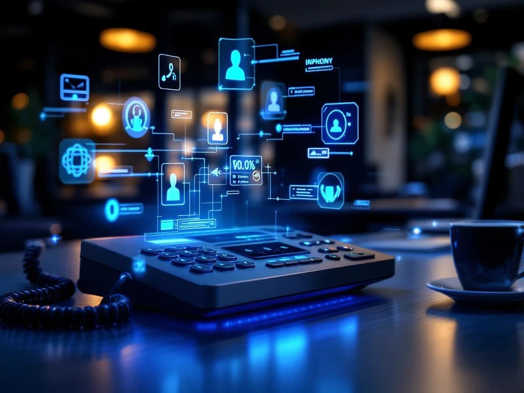 Moderne VoIP-telefoon op bureau met verlichte knoppen en holografische oproeprouting-interface in blauw en groen