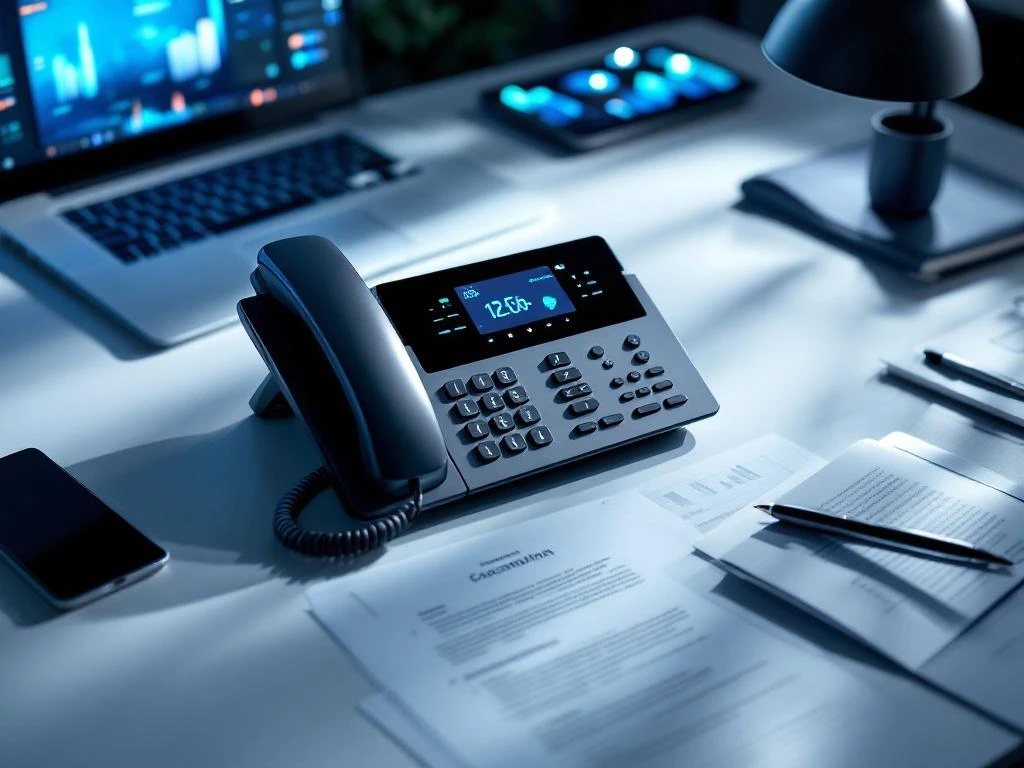 Moderne zakelijke telefoon met LED-indicators op strak kantoorbureau met laptop en documenten in blauw-groen licht