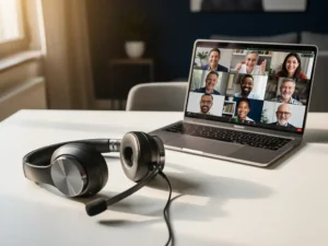 Moderne headset met microfoon op wit bureau naast laptop met videoconferentie van externe teamleden in professioneel thuiskantoor