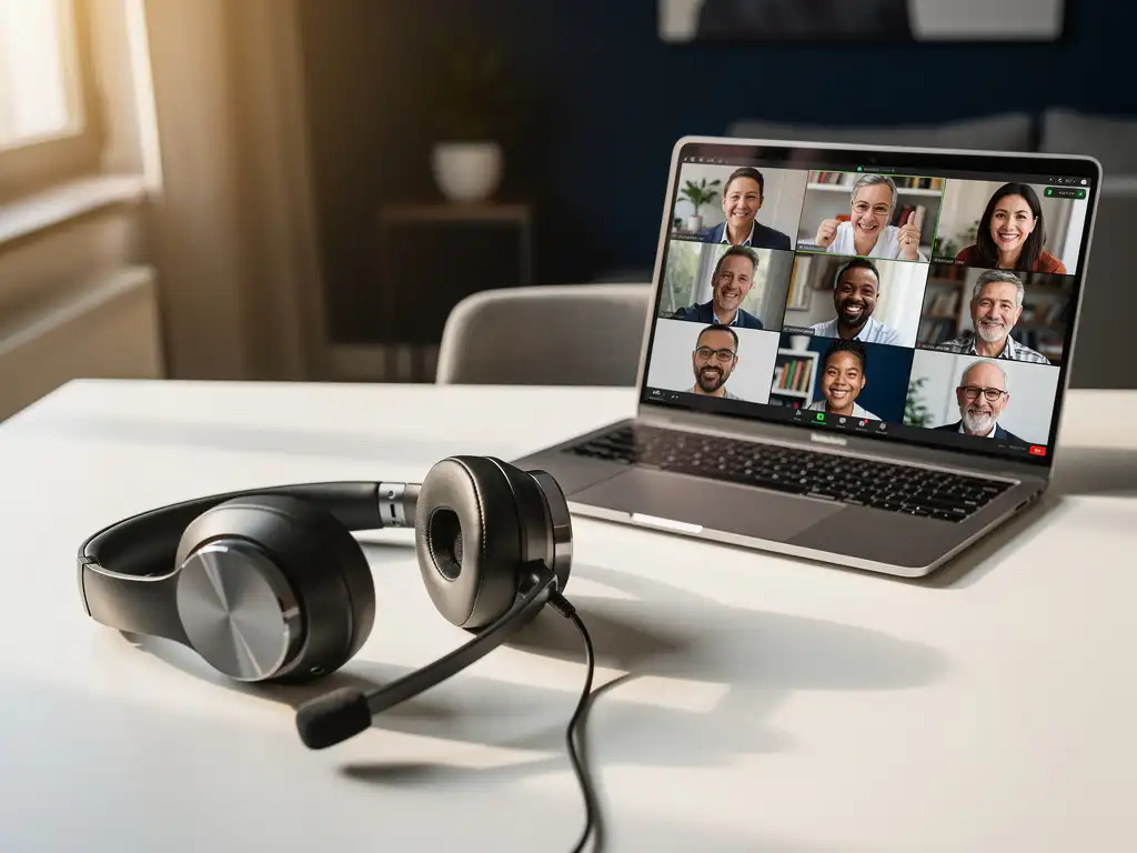 Moderne headset met microfoon op wit bureau naast laptop met videoconferentie van externe teamleden in professioneel thuiskantoor