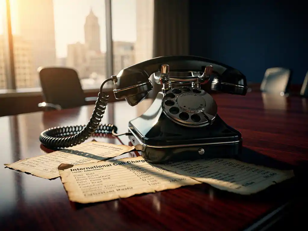 Vintage draaitelefoon met opgenomen hoorn op mahoniehouden bureau met internationale telefoonrekeningen eronder
