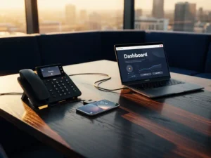 Modern kantoorbureau met zwarte telefoon, smartphone en laptop verbonden door ethernetkabels in warm gouden zonlicht