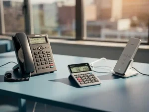 Moderne kantoorbureau met traditioneel PBX-telefoonsysteem en cloud VoIP-handset verbonden door ethernetkabels, calculator toont kostencijfers
