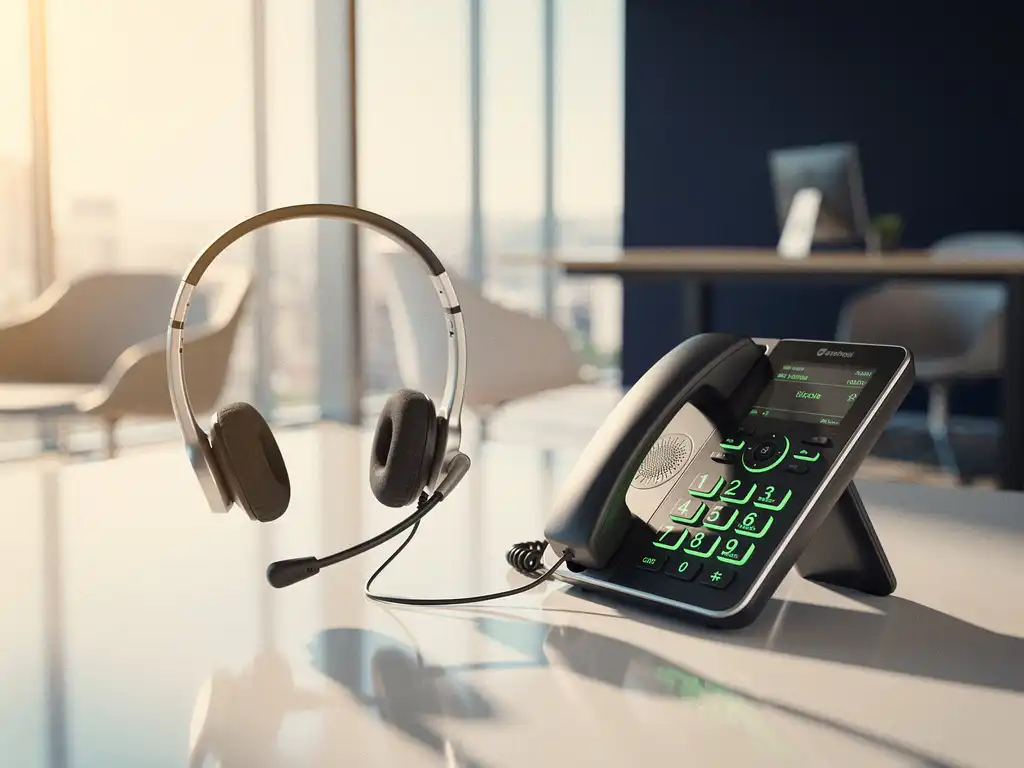 Moderne receptionist headset naast IP telefoon met groene lijnknoppen op gepolijst bureau in professioneel kantoor