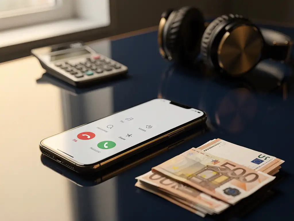 Moderne smartphone met bel-interface op kantoorbureau naast stapel eurobiljetten, calculator en headset op achtergrond