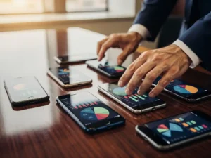 Zakenman rangschikt smartphones met kostenvergelijkingsgrafieken op mahonie vergadertafel in kantoor