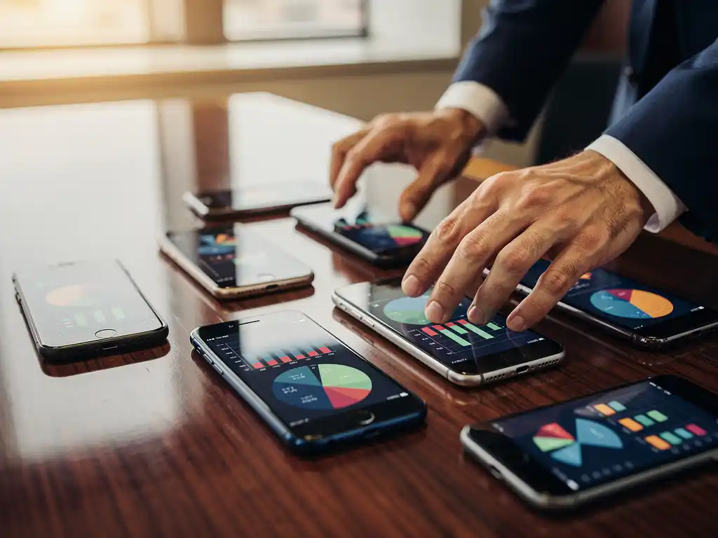 Zakenman rangschikt smartphones met kostenvergelijkingsgrafieken op mahonie vergadertafel in kantoor