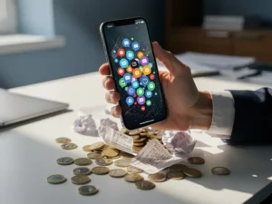 Zakenman houdt smartphone vast met kleurrijke meldingen die over bureau met euromunten en telefoonrekeningen stromen
