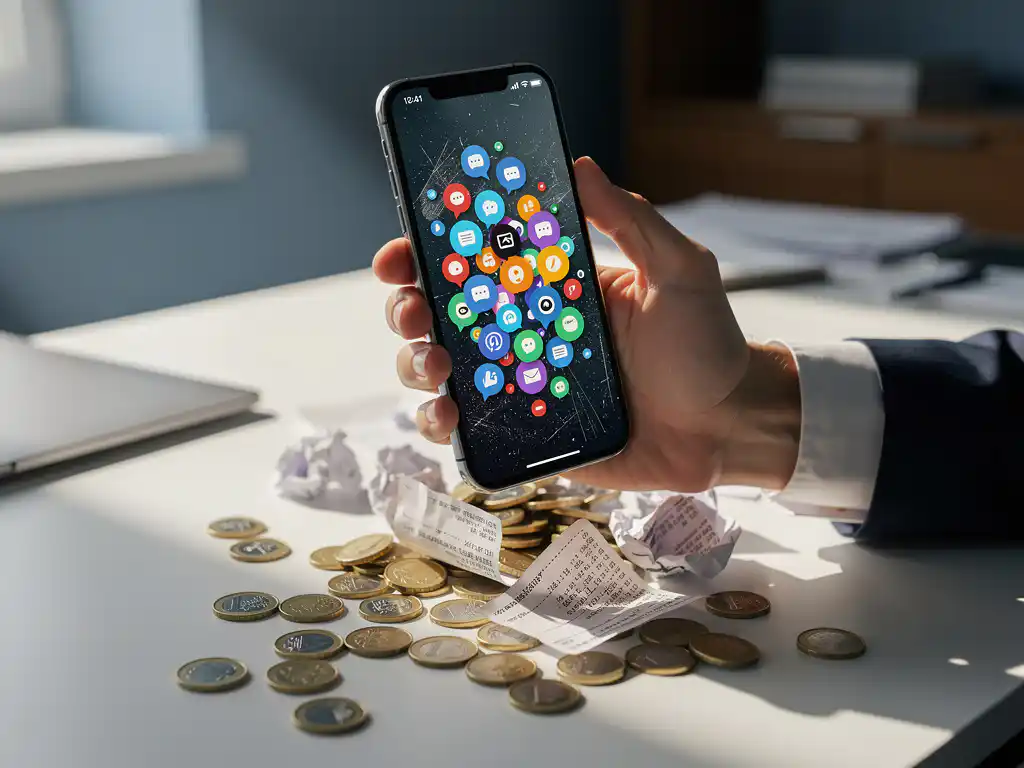 Zakenman houdt smartphone vast met kleurrijke meldingen die over bureau met euromunten en telefoonrekeningen stromen